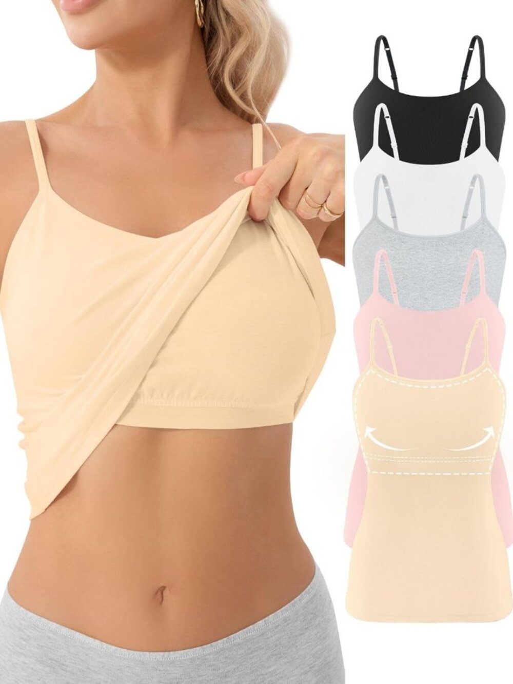 5 Pack Women's Cotton Shelf Bra Camisole Tank Tops - Spaghetti Strap